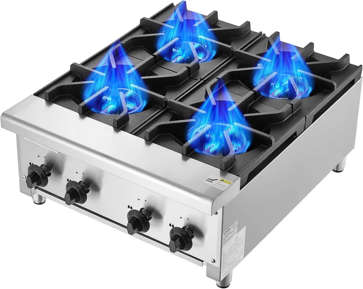 VEVOR, Varné desky, Komerční plynový sporák Plynový sporák se 4 plynovými poli, plynový sporák propan, Stříbrná, 610 x 775 x 335 mm, 28 kW