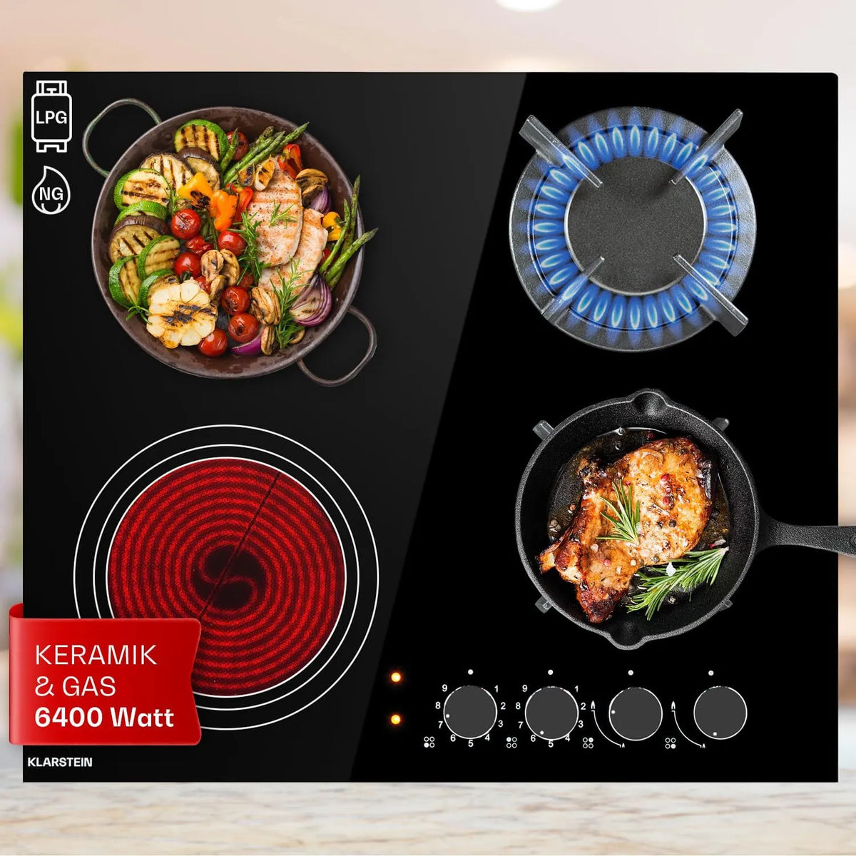 Klarstein 2-Flammiger 2-Flammig, Varné desky, Gas Kocher a 2 Glasce keramické Kochfeld, 6.4 kW built- v plynové sporák pro, Černá, 2 G, 6.4 kW