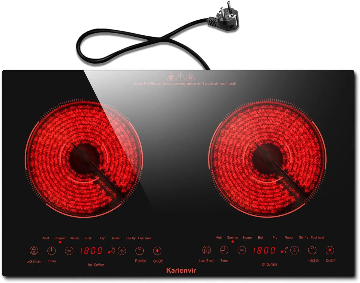 Karienvir, Varné desky, Skleněná keramická varná deska 2 desky, 60CM varná deska instalace nebo přenosný, Černá, 60CM, 3600 W, 2 v, 8 v
