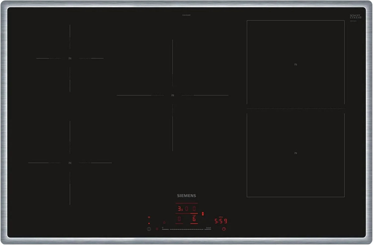 Siemens iQ500 ED845HWB1E, Varné desky, Smart induction plotýnka 80 cm Combi induction, Černá, 80 cm, 55 x 802 x 523 cm, 130 x 950 x 600 cm