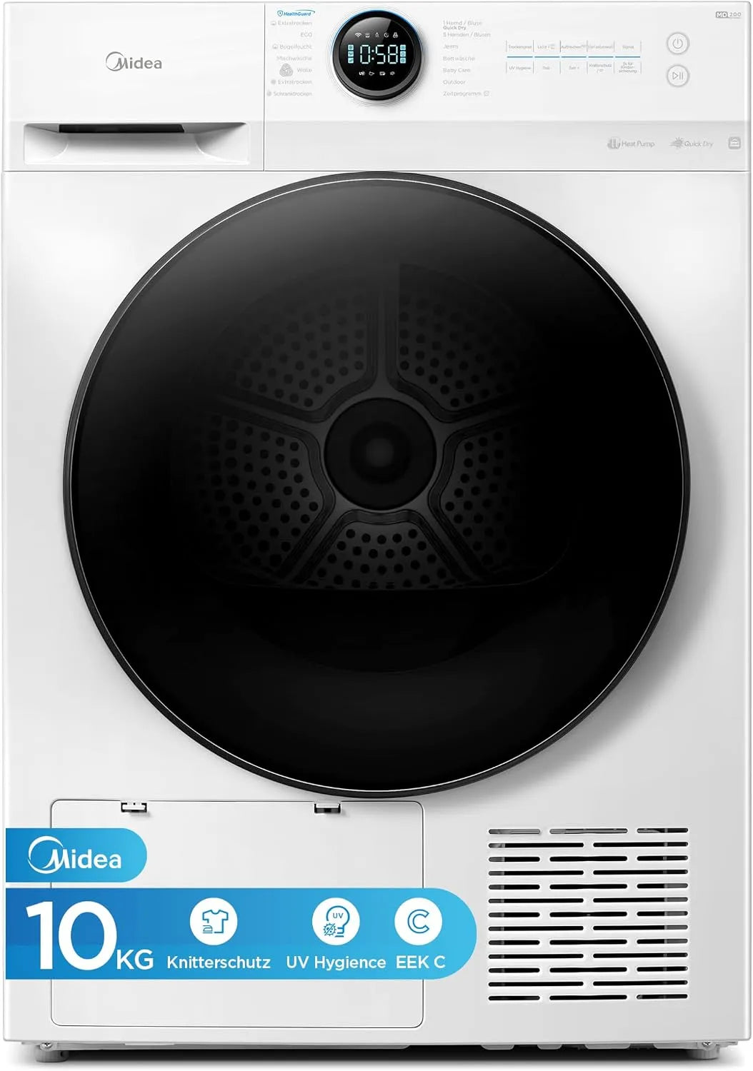 Midea MD20EH100WB-A3, Sušičky s tepelným čerpadlem, Vysoušeč teplého čerpadla / 10 kg / EEK A + + + / UV hygiena / ochrana proti, Bílá, 100W, 3 V