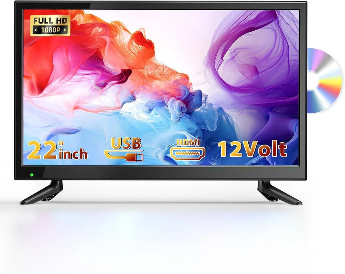 DESOBRY, Přenosné televizory, 22 palců TV s integrovaným DVD přehrávačem, Černá, 32G, Full HD, 12V