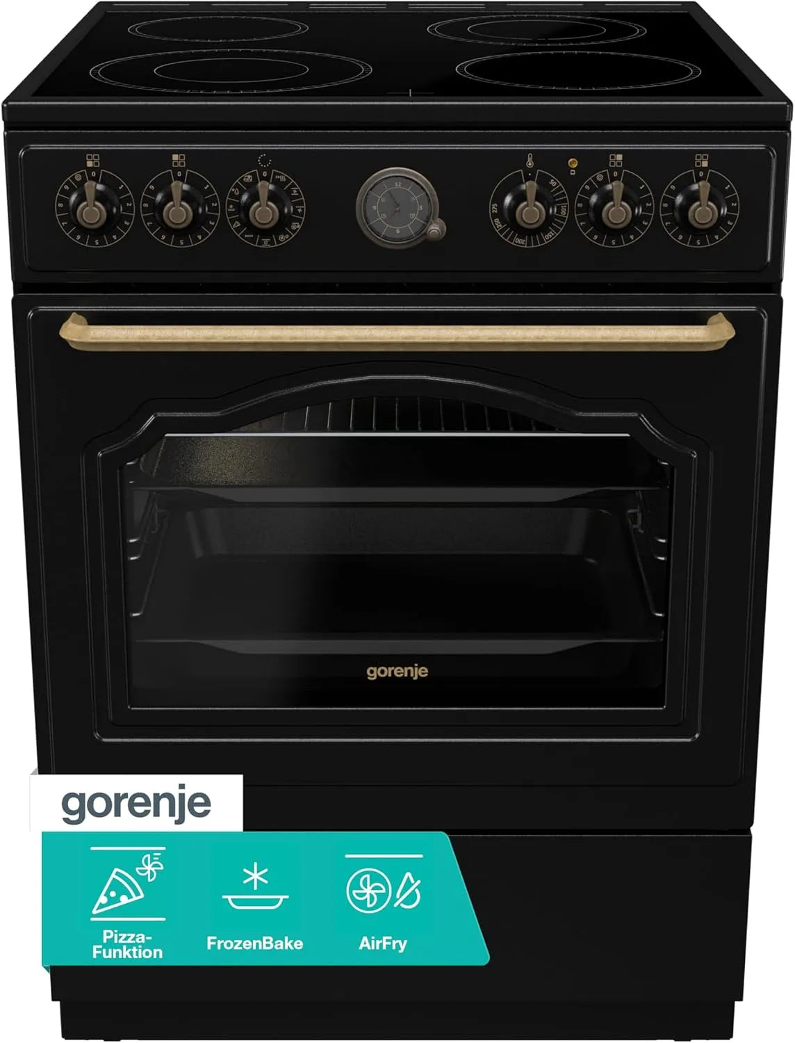 Gorenje B70CLB, Sporáky, Classico GECS 6 Elektrický sporák se skleněnou keramickou kuchyní / Retro Design, Černá, 60cm, 71 l, 4G