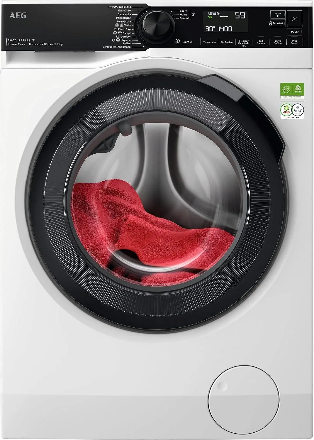 AEG LR8EW75400, Pračky, WiFi pračka řady 8000 s PowerCare ochrana vláken, UniversalDog zásuvka pro PODS, Bílá, 10 kg, 5 kg, 9W, 6W