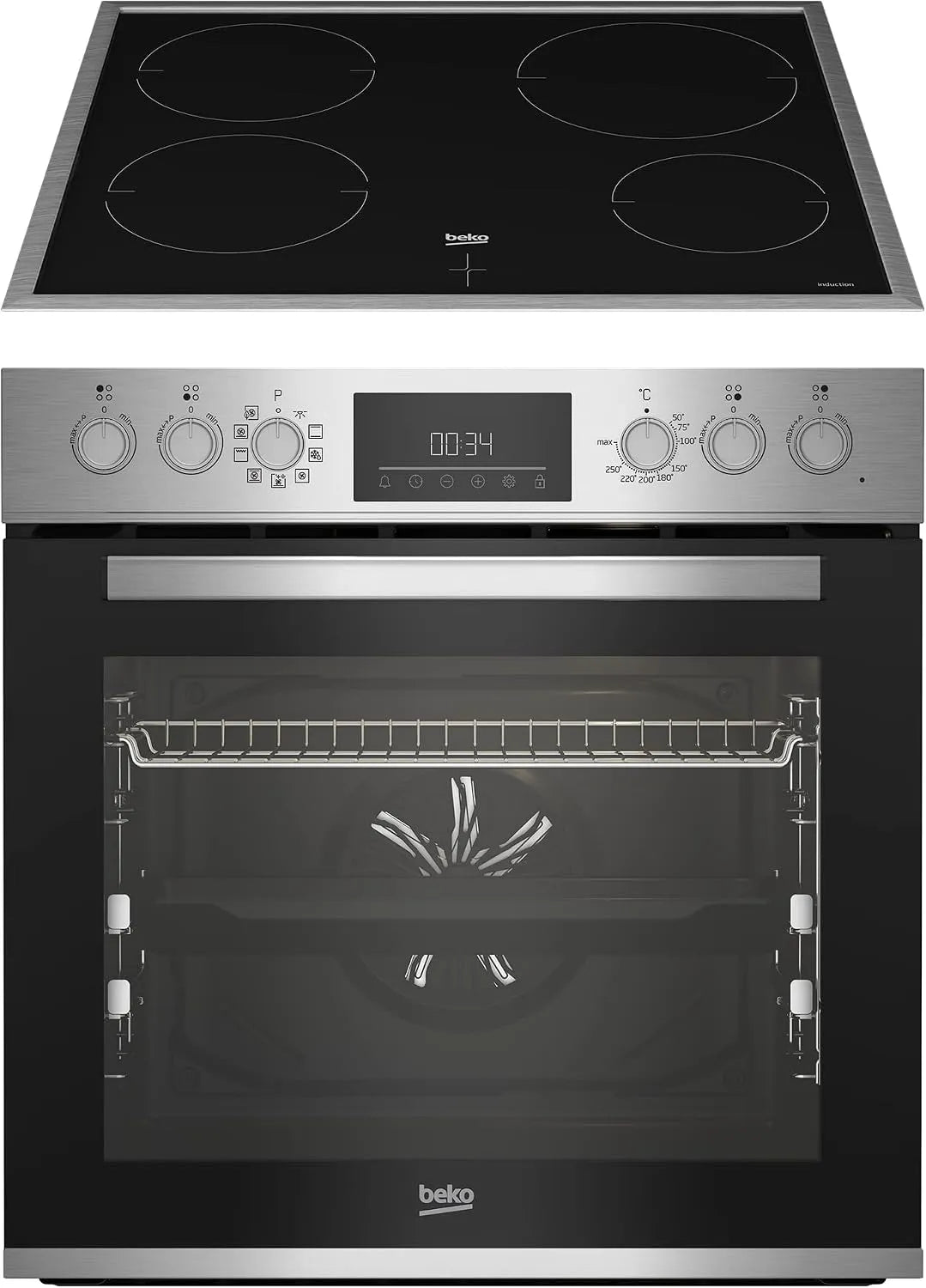 Beko BBUM12341XE, Trouby, Built- in troub set: indukční sporák se 4 zónami vaření, trouba s 8 typy, Černá / stříbrná, 72 l, 0, 95 kW, 69 kW