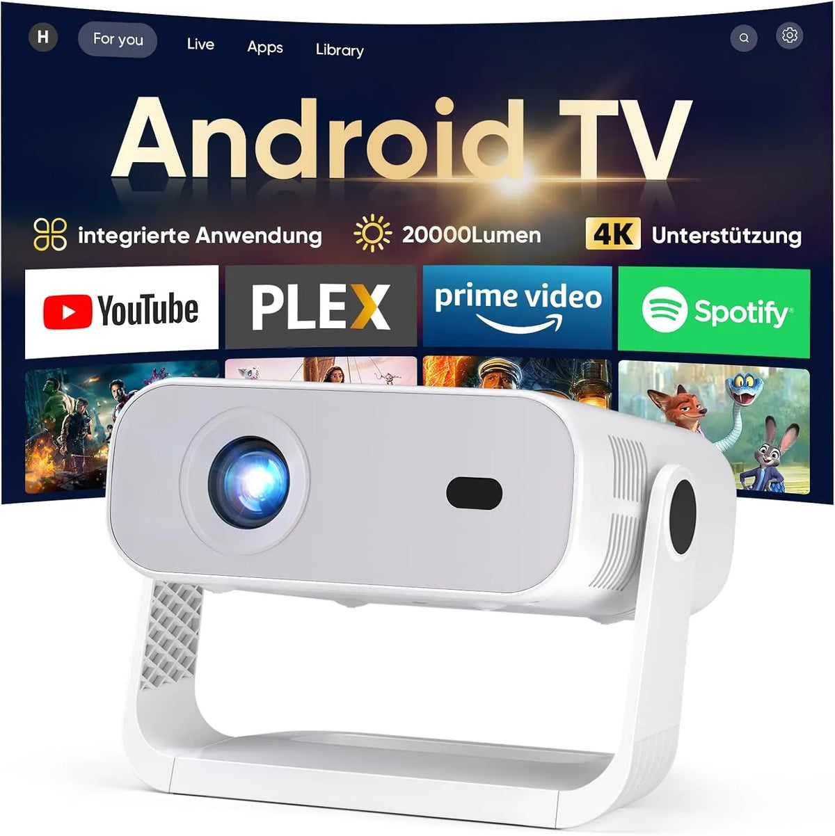 Wielio 4K-Dekodierung 20000Lumens, Projektory, Upgrade Nový inteligentní Mini Beamer Integrovaný APP, Android 14, Podporuje 4K, Šedá, 4K