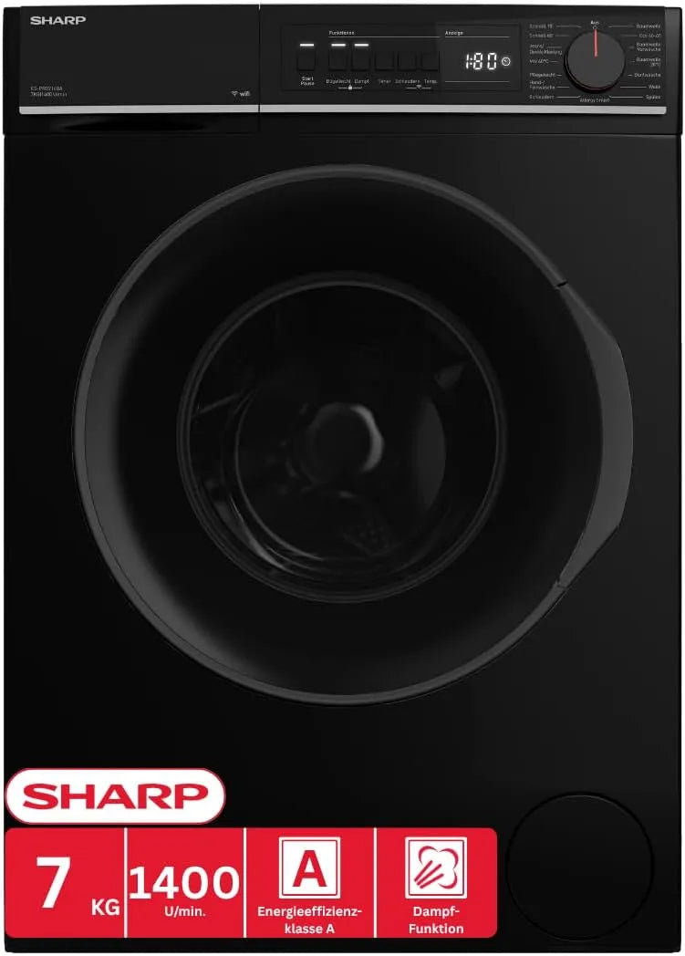 SHARP ES-PRO714BA-DE, Pračky, pračka (7 kg, EEK A, 1400 ot. / min.), (WiFi, měnič motoru, páry, AquaStop), černá, 7 kg, 3 l