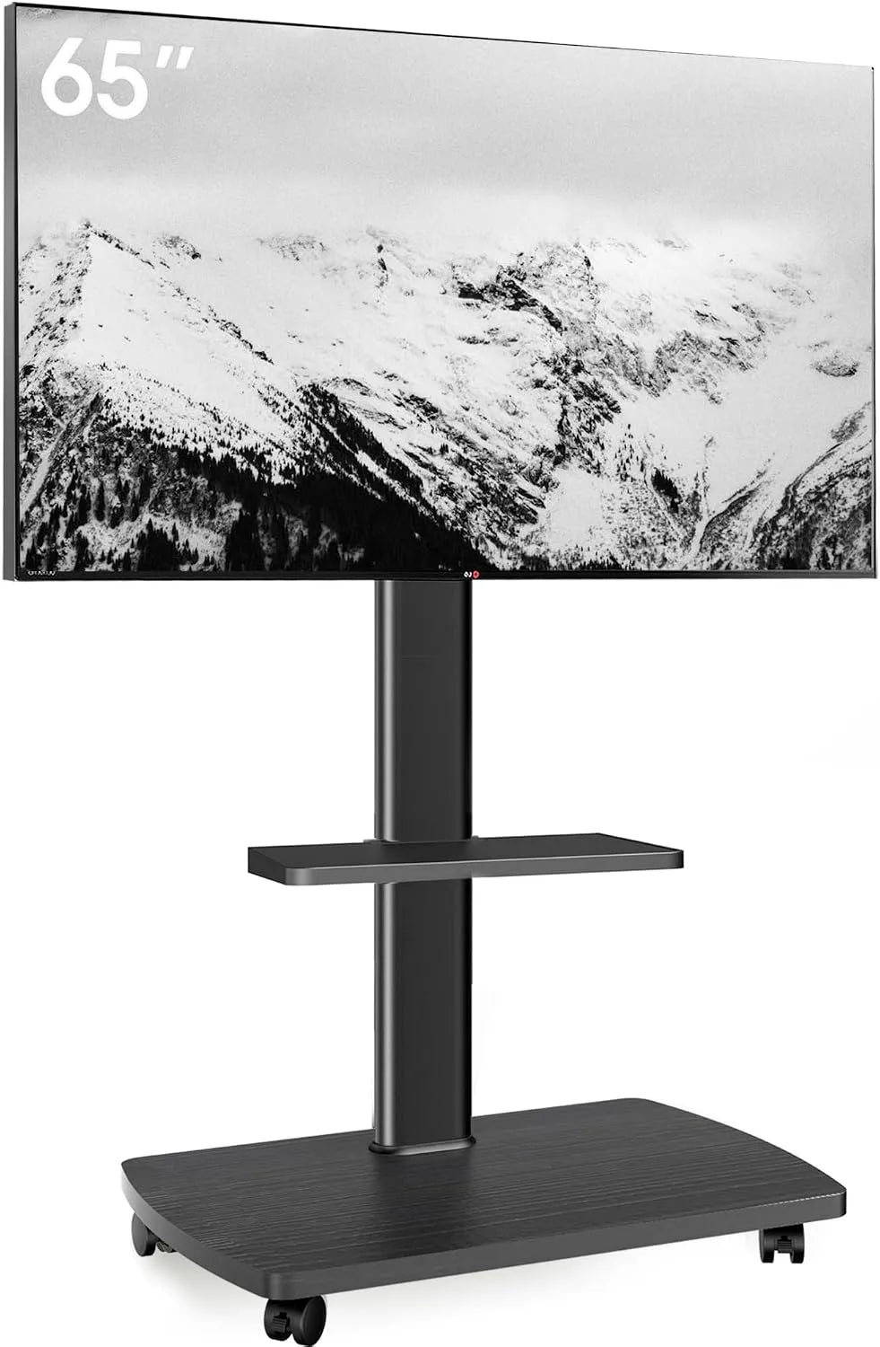 AOKCOS, Stojanové nohy, TV stojan Kolejová tyč s dřevěnou policí, TV stojan na kolečkách pro 32-65 palců, Černá, 40 kg, 400x400mm, 100x100